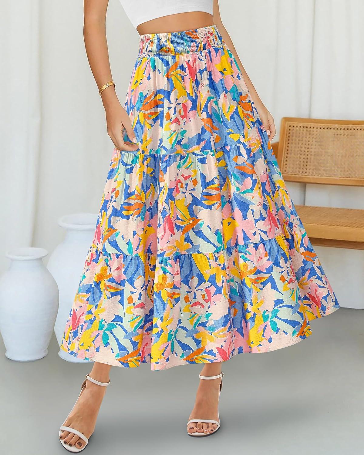 imageBTFBM Skirts for Women Floral Print Fall Fashion 2026 A Line Elastic High Waist Boho Holiday Maxi Skirt PocketsFloral Multicolour