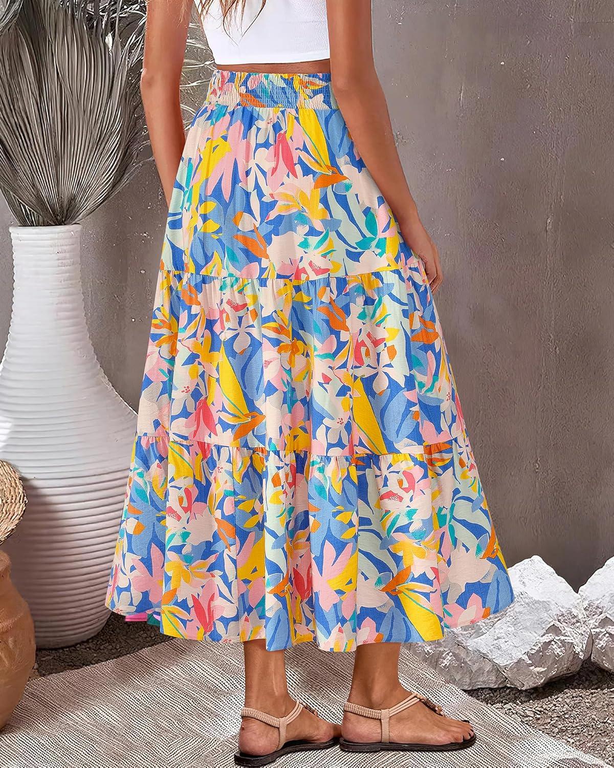 imageBTFBM Skirts for Women Floral Print Fall Fashion 2026 A Line Elastic High Waist Boho Holiday Maxi Skirt PocketsFloral Multicolour