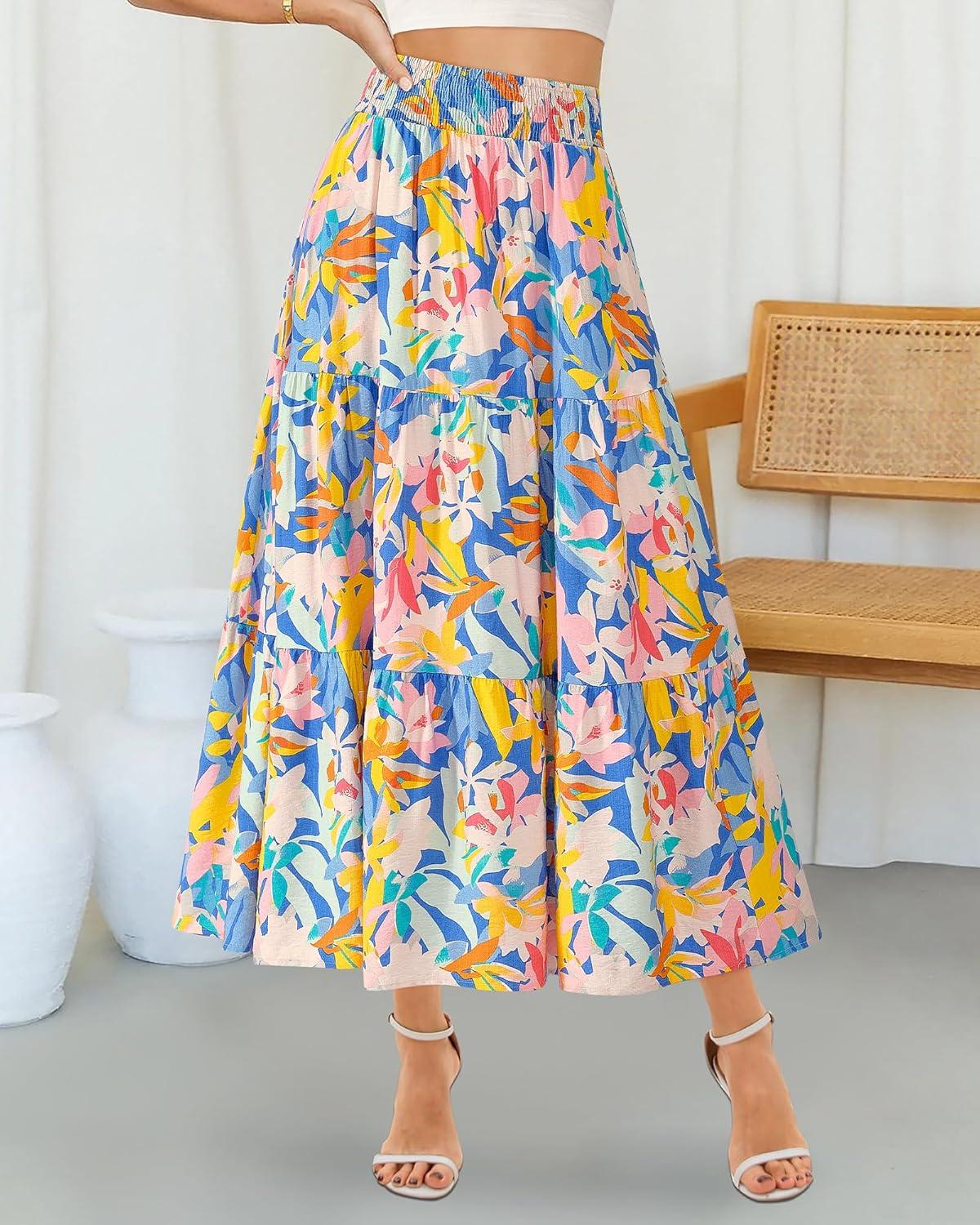 imageBTFBM Skirts for Women Floral Print Fall Fashion 2026 A Line Elastic High Waist Boho Holiday Maxi Skirt PocketsFloral Multicolour