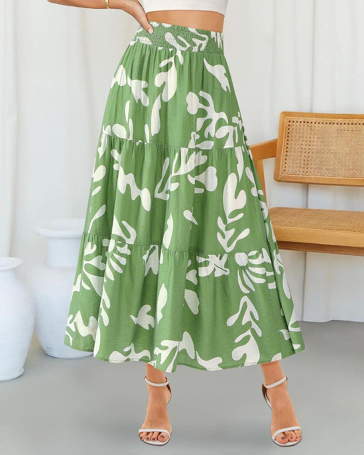 imageBTFBM Skirts for Women Floral Print Fall Fashion 2026 A Line Elastic High Waist Boho Holiday Maxi Skirt PocketsLeaf Green