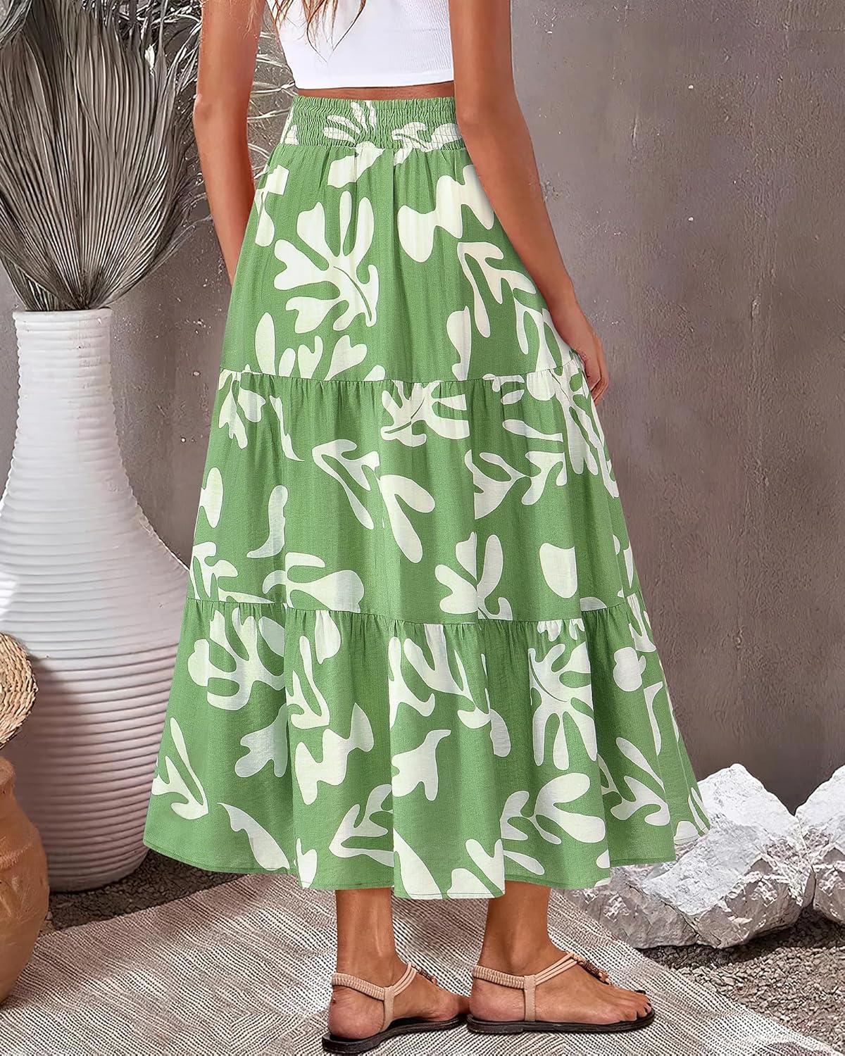 imageBTFBM Skirts for Women Floral Print Fall Fashion 2026 A Line Elastic High Waist Boho Holiday Maxi Skirt PocketsLeaf Green