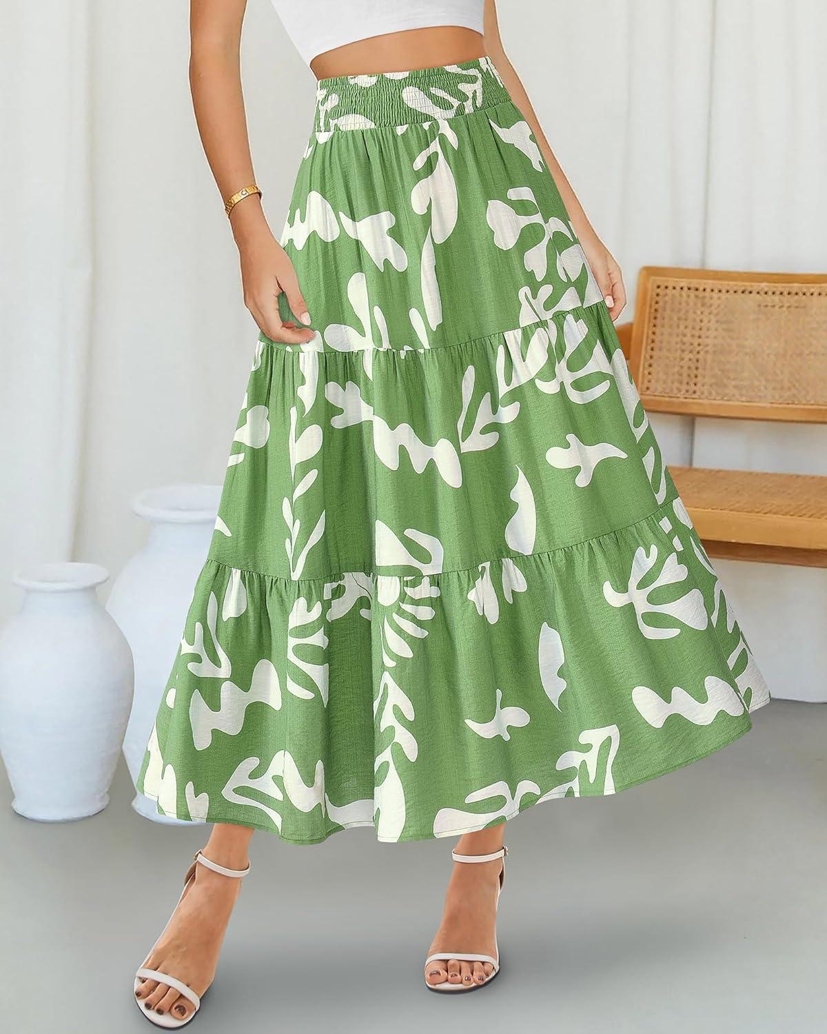 imageBTFBM Skirts for Women Floral Print Fall Fashion 2026 A Line Elastic High Waist Boho Holiday Maxi Skirt PocketsLeaf Green