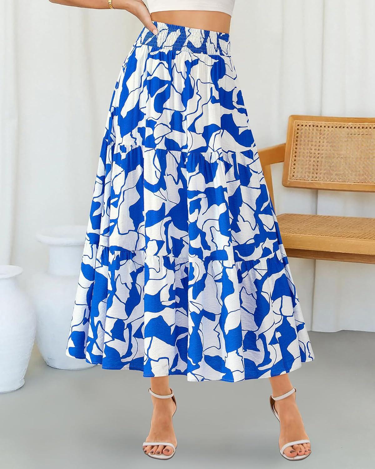 imageBTFBM Skirts for Women Floral Print Fall Fashion 2026 A Line Elastic High Waist Boho Holiday Maxi Skirt PocketsPrint Blue