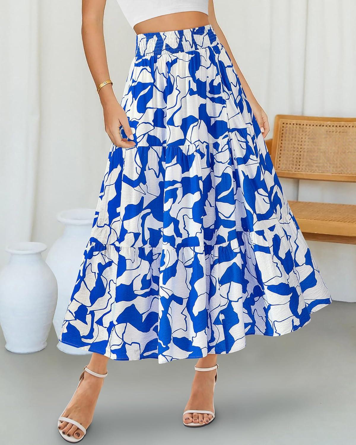 imageBTFBM Skirts for Women Floral Print Fall Fashion 2026 A Line Elastic High Waist Boho Holiday Maxi Skirt PocketsPrint Blue