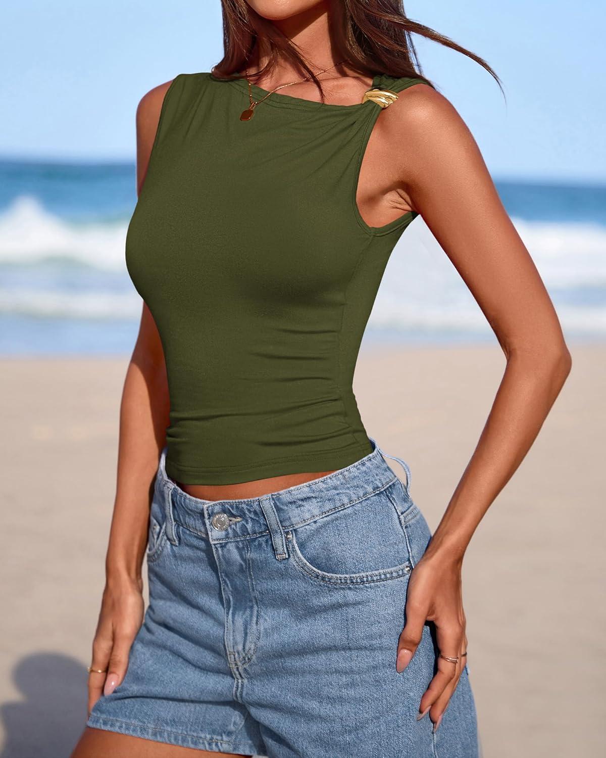 imageBTFBM Spring Tops for Women 2026 Asymmetrical Neck Sleeveless Going Out Summer Outfits Casual Ruched Y2k Tank Top ClothesArmy Green