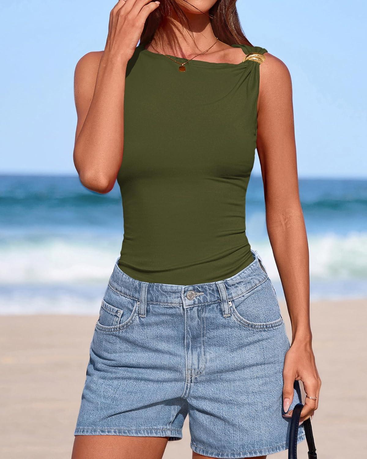 imageBTFBM Spring Tops for Women 2026 Asymmetrical Neck Sleeveless Going Out Summer Outfits Casual Ruched Y2k Tank Top ClothesArmy Green