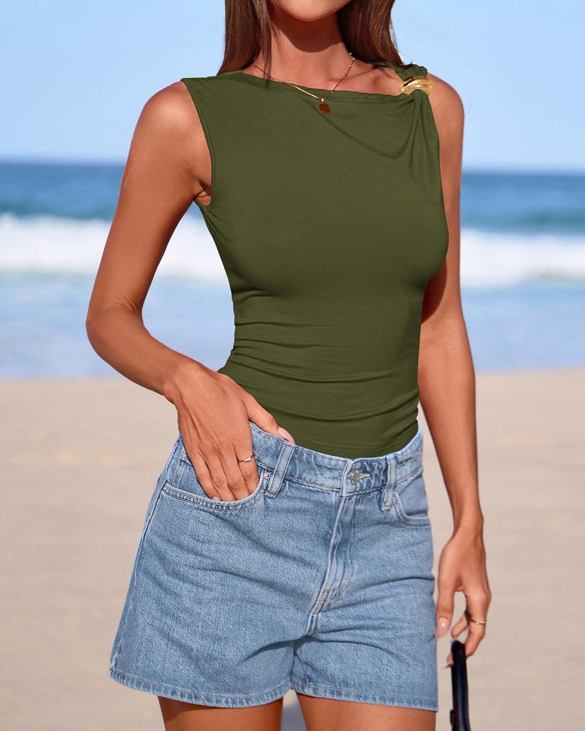 imageBTFBM Spring Tops for Women 2026 Asymmetrical Neck Sleeveless Going Out Summer Outfits Casual Ruched Y2k Tank Top ClothesArmy Green