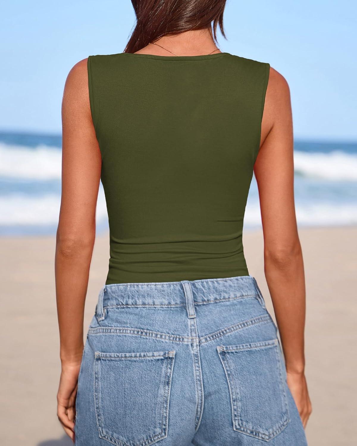 imageBTFBM Spring Tops for Women 2026 Asymmetrical Neck Sleeveless Going Out Summer Outfits Casual Ruched Y2k Tank Top ClothesArmy Green