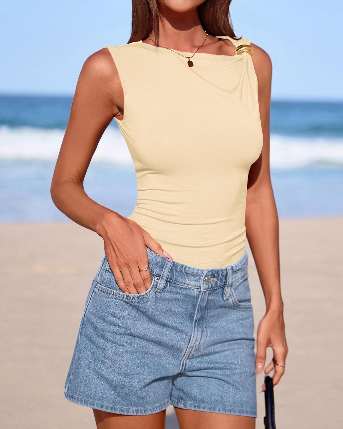 imageBTFBM Spring Tops for Women 2026 Asymmetrical Neck Sleeveless Going Out Summer Outfits Casual Ruched Y2k Tank Top ClothesBeige