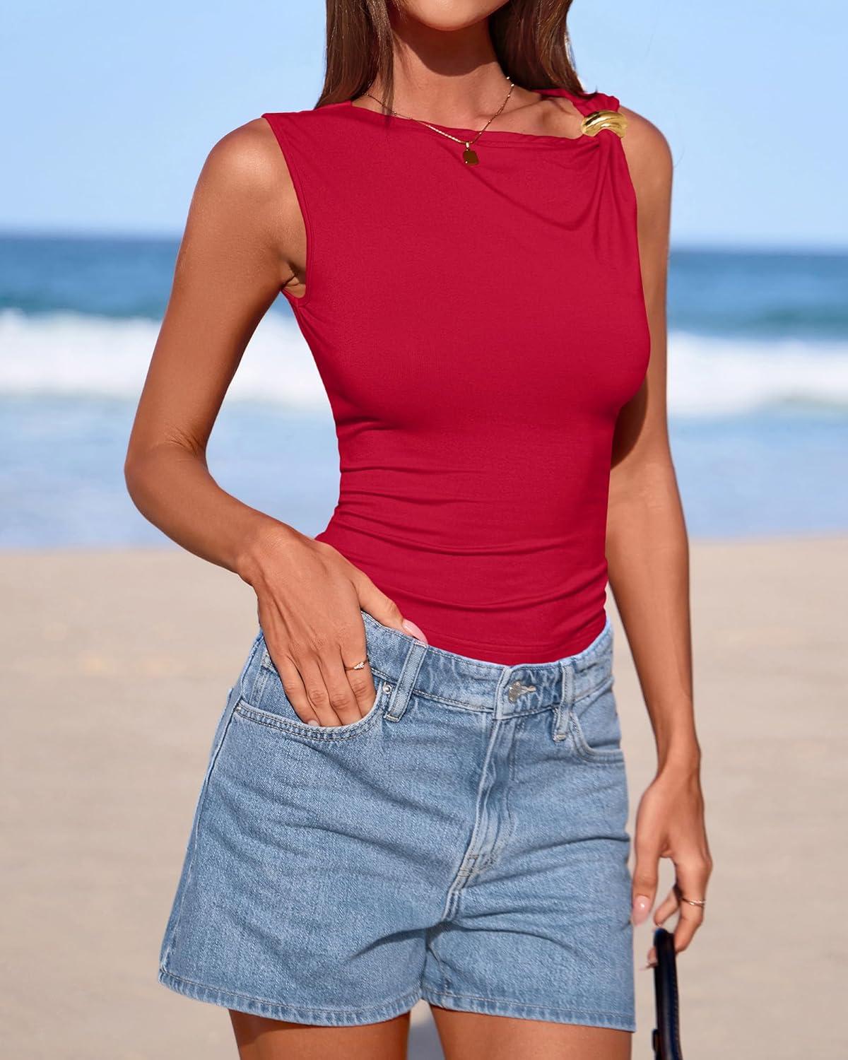 imageBTFBM Spring Tops for Women 2026 Asymmetrical Neck Sleeveless Going Out Summer Outfits Casual Ruched Y2k Tank Top ClothesRed