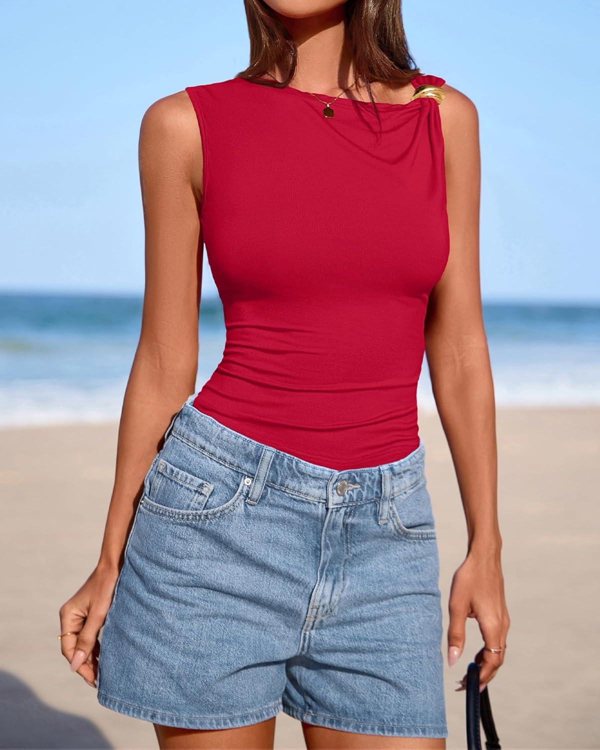 imageBTFBM Spring Tops for Women 2026 Asymmetrical Neck Sleeveless Going Out Summer Outfits Casual Ruched Y2k Tank Top ClothesRed