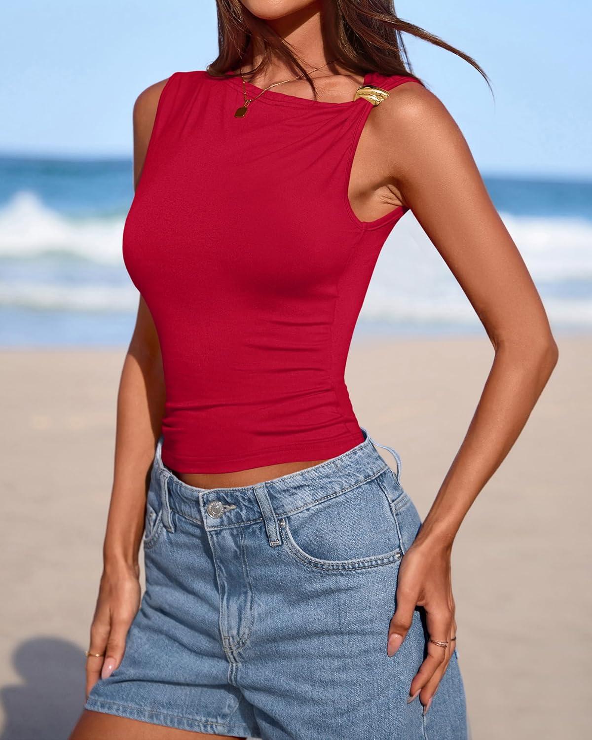 imageBTFBM Spring Tops for Women 2026 Asymmetrical Neck Sleeveless Going Out Summer Outfits Casual Ruched Y2k Tank Top ClothesRed