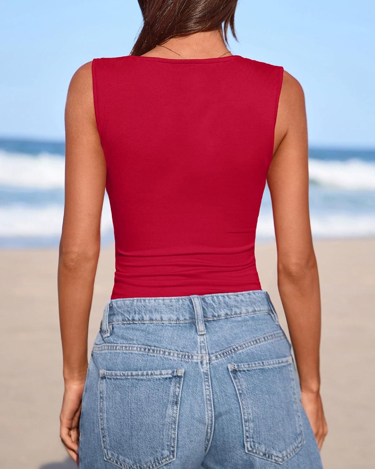 imageBTFBM Spring Tops for Women 2026 Asymmetrical Neck Sleeveless Going Out Summer Outfits Casual Ruched Y2k Tank Top ClothesRed