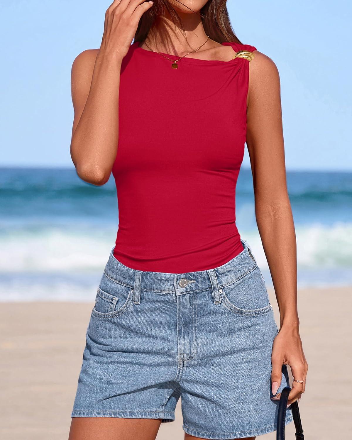 imageBTFBM Spring Tops for Women 2026 Asymmetrical Neck Sleeveless Going Out Summer Outfits Casual Ruched Y2k Tank Top ClothesRed