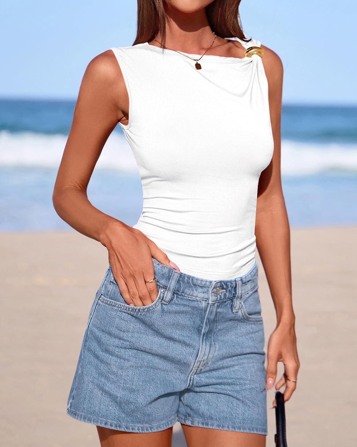 imageBTFBM Spring Tops for Women 2026 Asymmetrical Neck Sleeveless Going Out Summer Outfits Casual Ruched Y2k Tank Top ClothesWhite