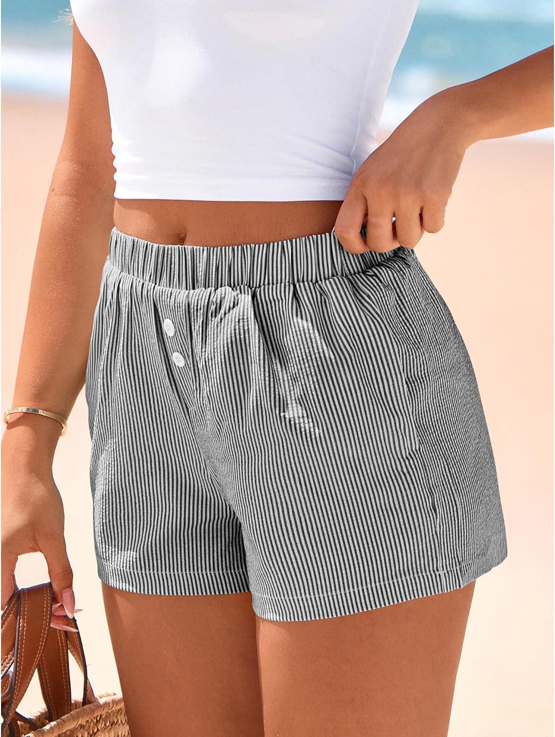 imageBTFBM Striped Boxer Shorts for Women 2026 Spring Summer Y2k Vacation Beach Bottoms Lounge Sleep Pajama PJ Pants ClothesBlack White