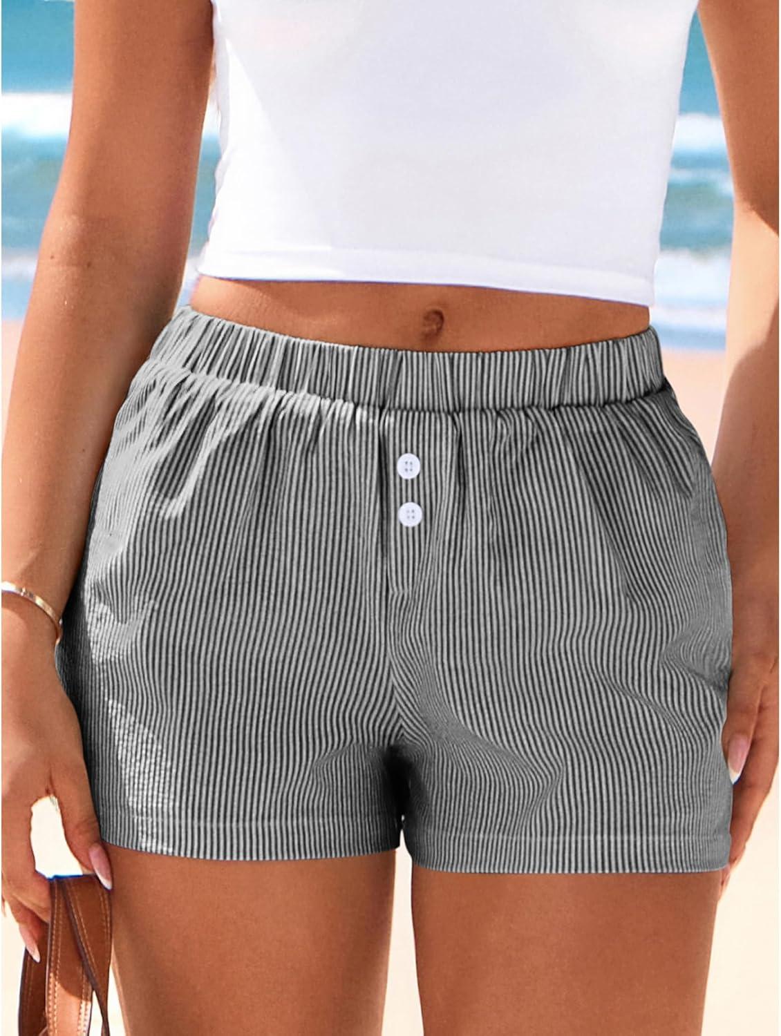 imageBTFBM Striped Boxer Shorts for Women 2026 Spring Summer Y2k Vacation Beach Bottoms Lounge Sleep Pajama PJ Pants ClothesBlack White