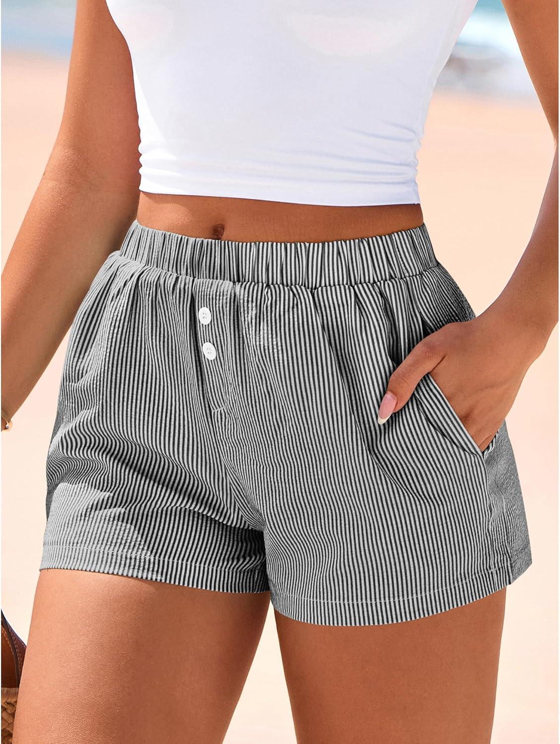 imageBTFBM Striped Boxer Shorts for Women 2026 Spring Summer Y2k Vacation Beach Bottoms Lounge Sleep Pajama PJ Pants ClothesBlack White
