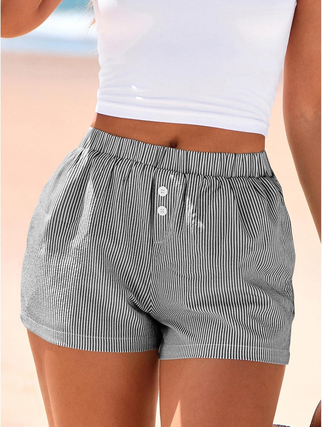 imageBTFBM Striped Boxer Shorts for Women 2026 Spring Summer Y2k Vacation Beach Bottoms Lounge Sleep Pajama PJ Pants ClothesBlack White