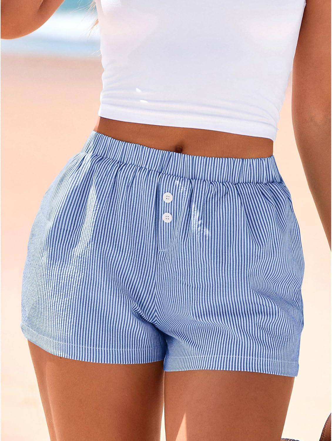 imageBTFBM Striped Boxer Shorts for Women 2026 Spring Summer Y2k Vacation Beach Bottoms Lounge Sleep Pajama PJ Pants ClothesBlue White