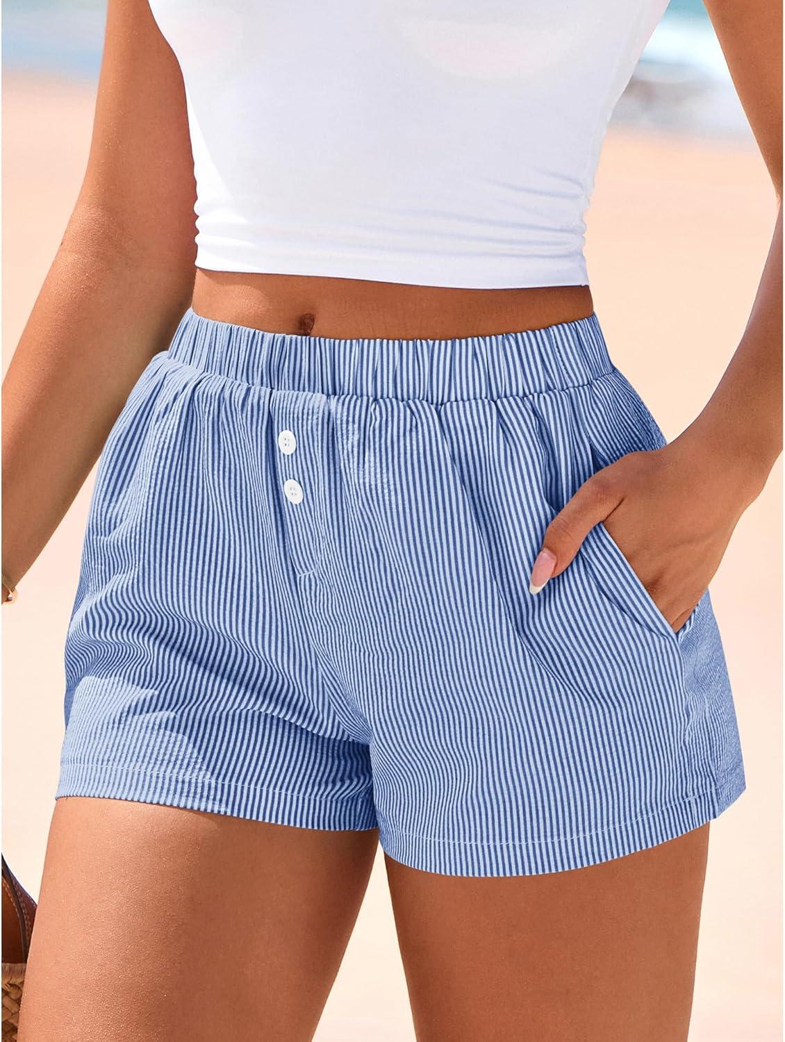 imageBTFBM Striped Boxer Shorts for Women 2026 Spring Summer Y2k Vacation Beach Bottoms Lounge Sleep Pajama PJ Pants ClothesBlue White
