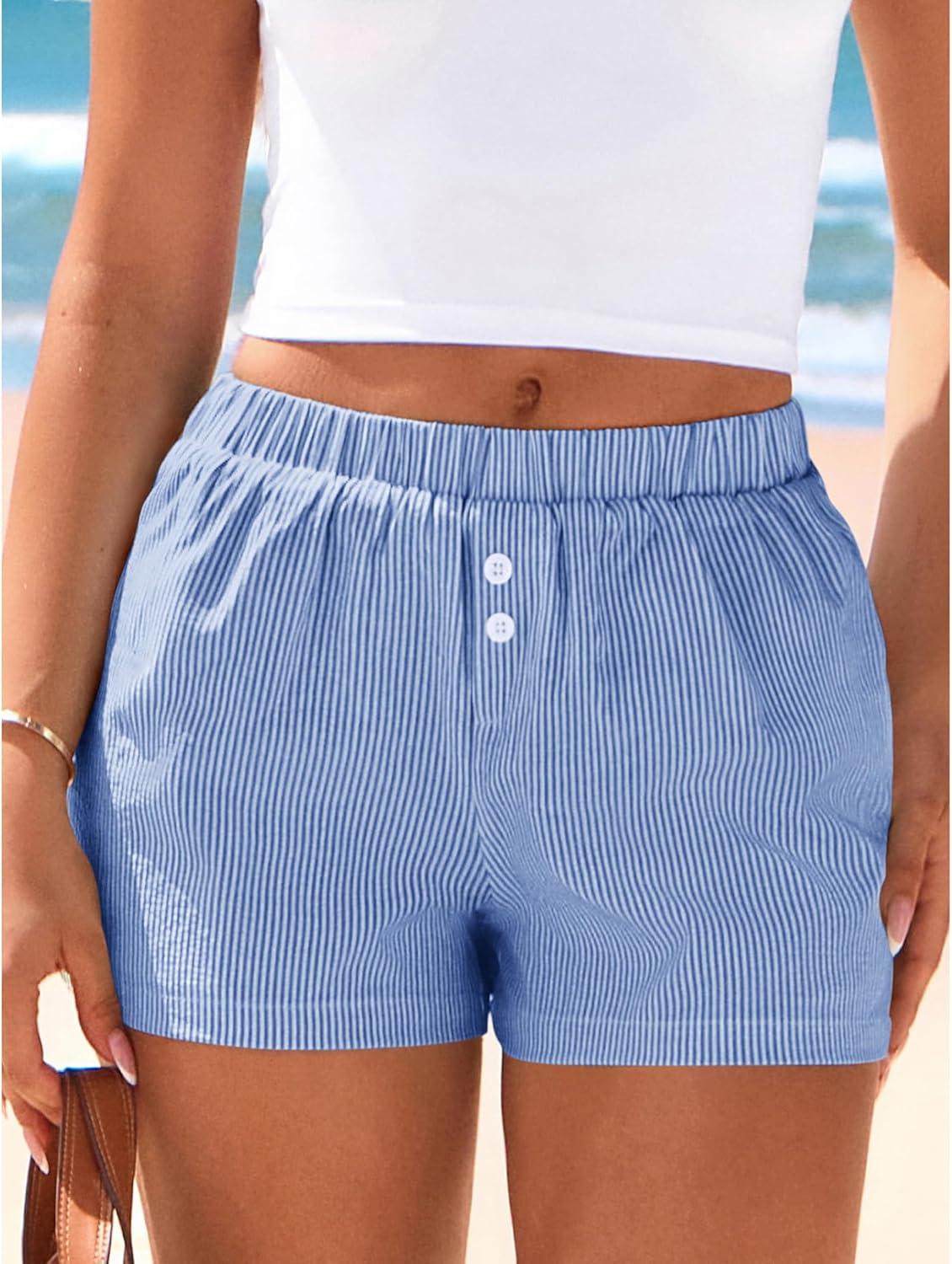 imageBTFBM Striped Boxer Shorts for Women 2026 Spring Summer Y2k Vacation Beach Bottoms Lounge Sleep Pajama PJ Pants ClothesBlue White