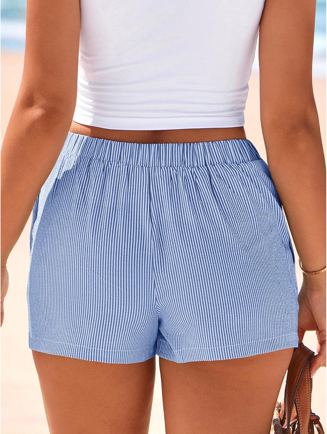 imageBTFBM Striped Boxer Shorts for Women 2026 Spring Summer Y2k Vacation Beach Bottoms Lounge Sleep Pajama PJ Pants ClothesBlue White