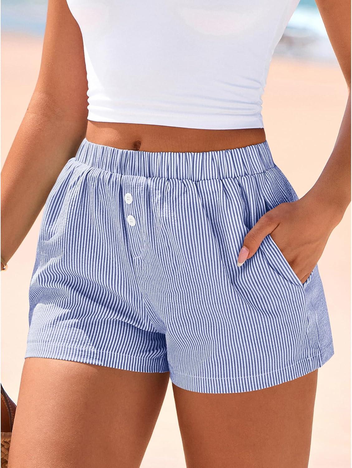 imageBTFBM Striped Boxer Shorts for Women 2026 Spring Summer Y2k Vacation Beach Bottoms Lounge Sleep Pajama PJ Pants ClothesDark Blue