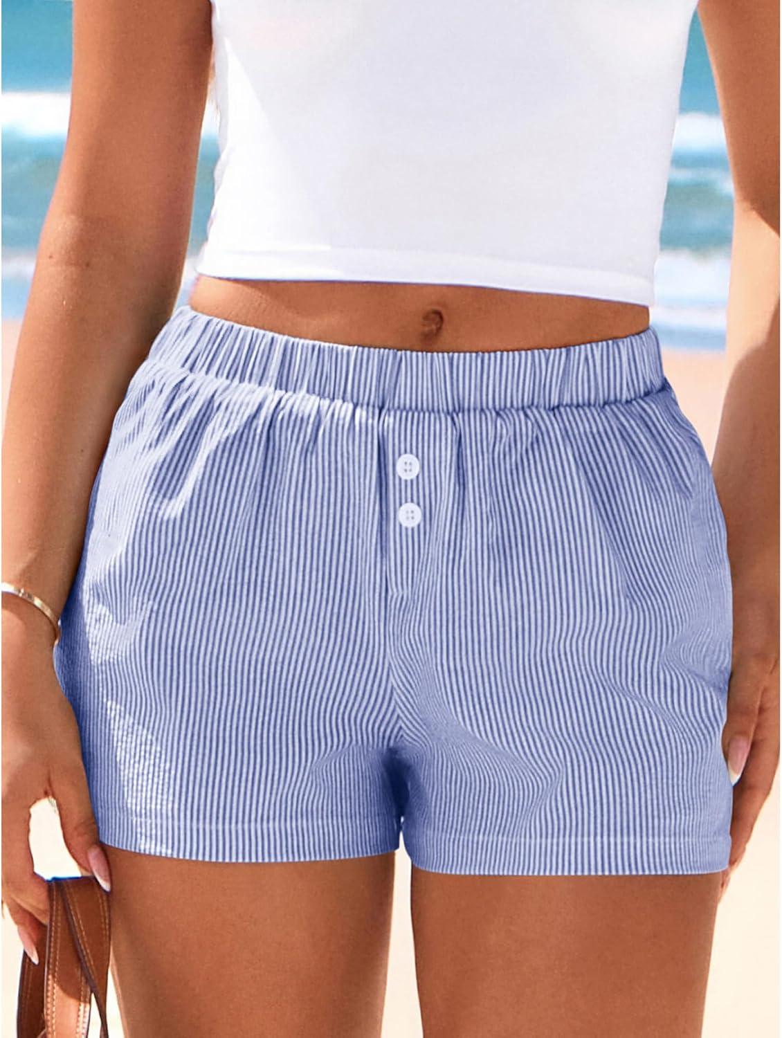 imageBTFBM Striped Boxer Shorts for Women 2026 Spring Summer Y2k Vacation Beach Bottoms Lounge Sleep Pajama PJ Pants ClothesDark Blue