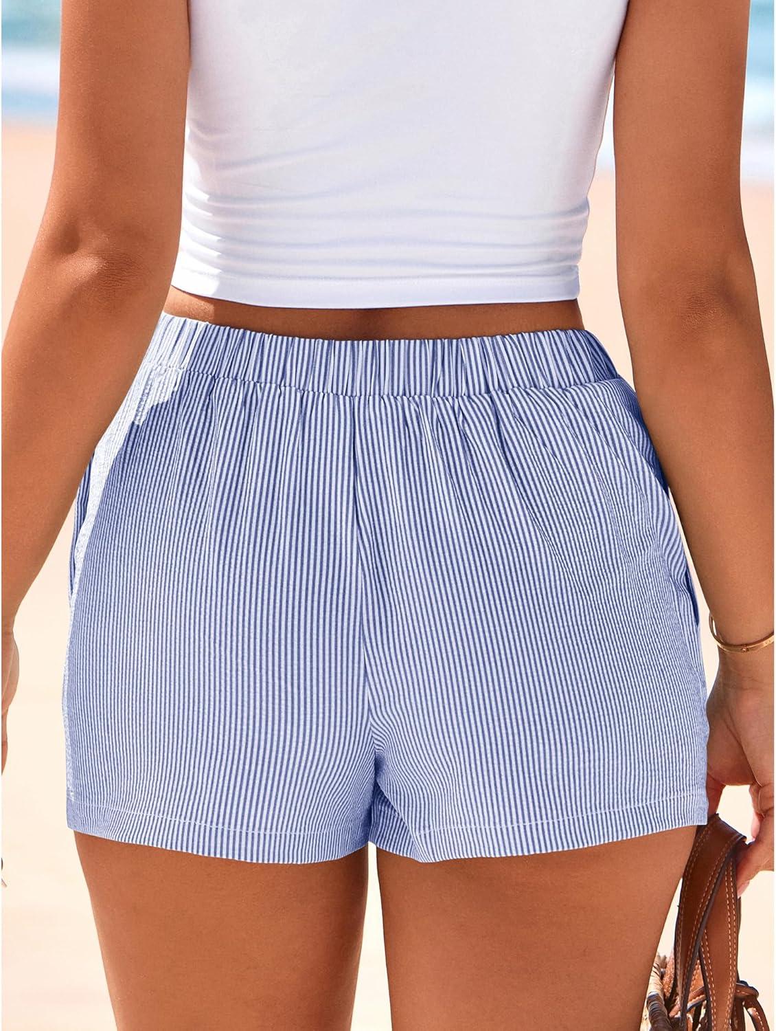 imageBTFBM Striped Boxer Shorts for Women 2026 Spring Summer Y2k Vacation Beach Bottoms Lounge Sleep Pajama PJ Pants ClothesDark Blue