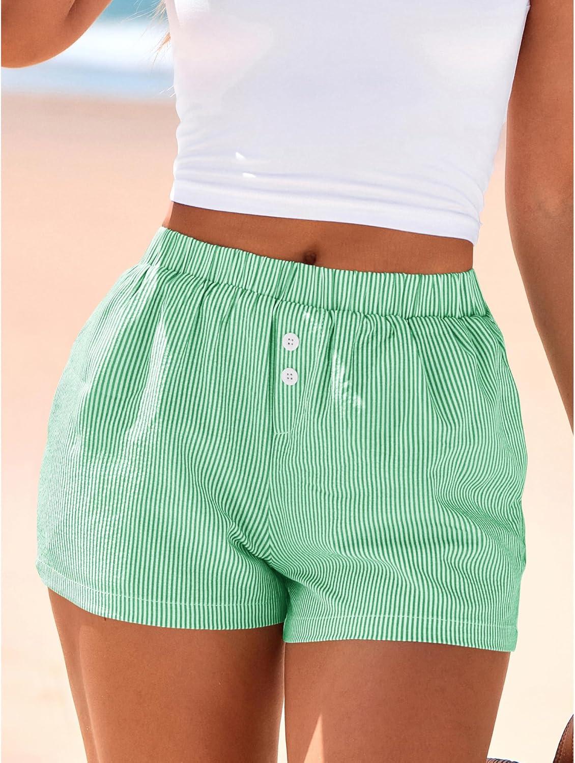imageBTFBM Striped Boxer Shorts for Women 2026 Spring Summer Y2k Vacation Beach Bottoms Lounge Sleep Pajama PJ Pants ClothesGreen White