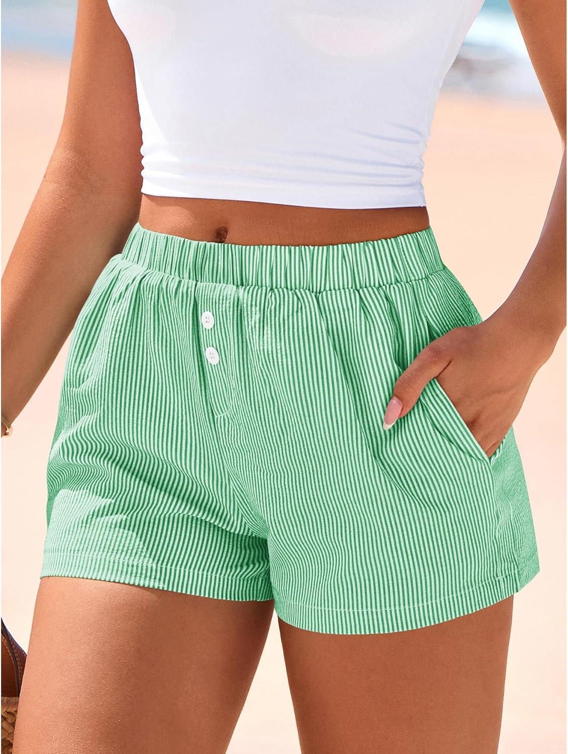 imageBTFBM Striped Boxer Shorts for Women 2026 Spring Summer Y2k Vacation Beach Bottoms Lounge Sleep Pajama PJ Pants ClothesGreen White