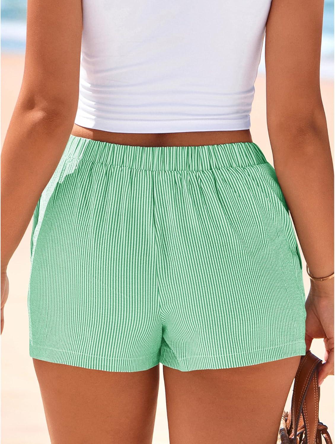 imageBTFBM Striped Boxer Shorts for Women 2026 Spring Summer Y2k Vacation Beach Bottoms Lounge Sleep Pajama PJ Pants ClothesGreen White