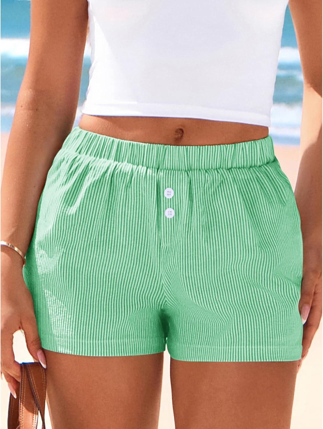 imageBTFBM Striped Boxer Shorts for Women 2026 Spring Summer Y2k Vacation Beach Bottoms Lounge Sleep Pajama PJ Pants ClothesGreen White