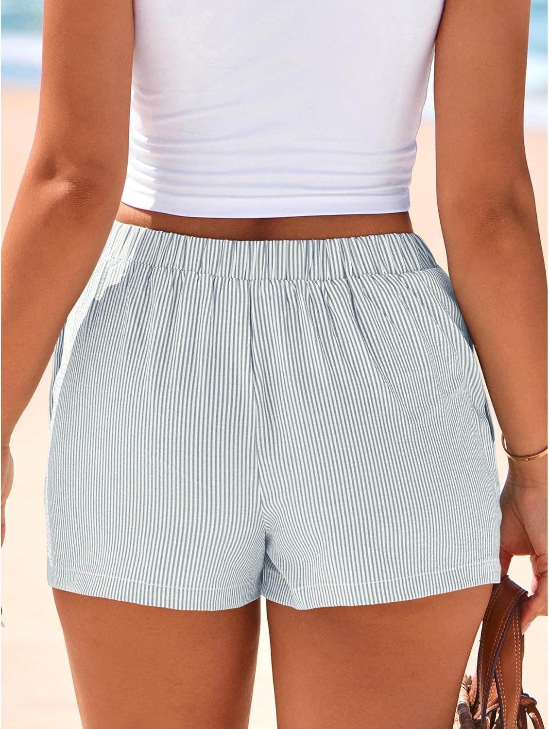imageBTFBM Striped Boxer Shorts for Women 2026 Spring Summer Y2k Vacation Beach Bottoms Lounge Sleep Pajama PJ Pants ClothesGrey Blue