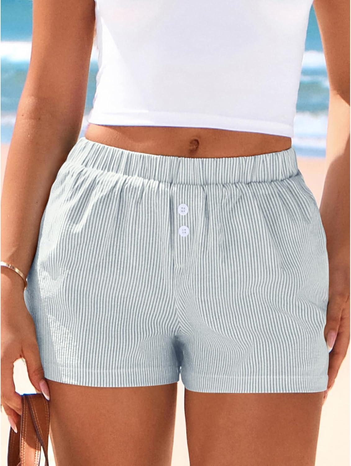 imageBTFBM Striped Boxer Shorts for Women 2026 Spring Summer Y2k Vacation Beach Bottoms Lounge Sleep Pajama PJ Pants ClothesGrey Blue