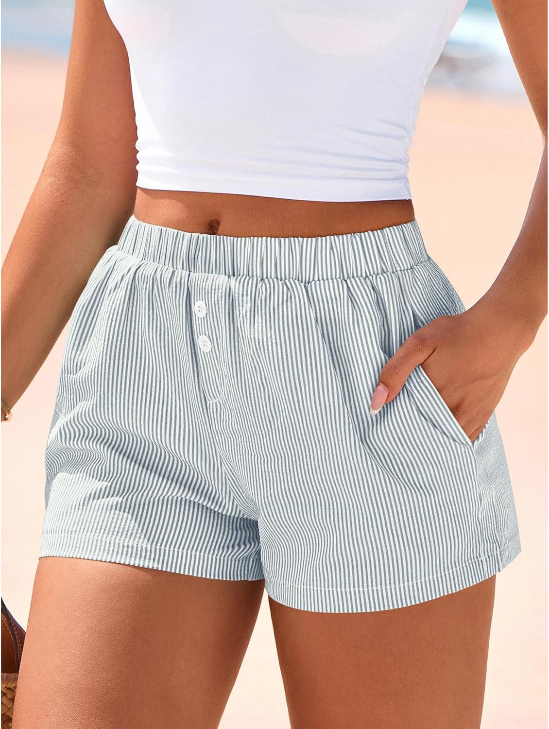 imageBTFBM Striped Boxer Shorts for Women 2026 Spring Summer Y2k Vacation Beach Bottoms Lounge Sleep Pajama PJ Pants ClothesGrey Blue