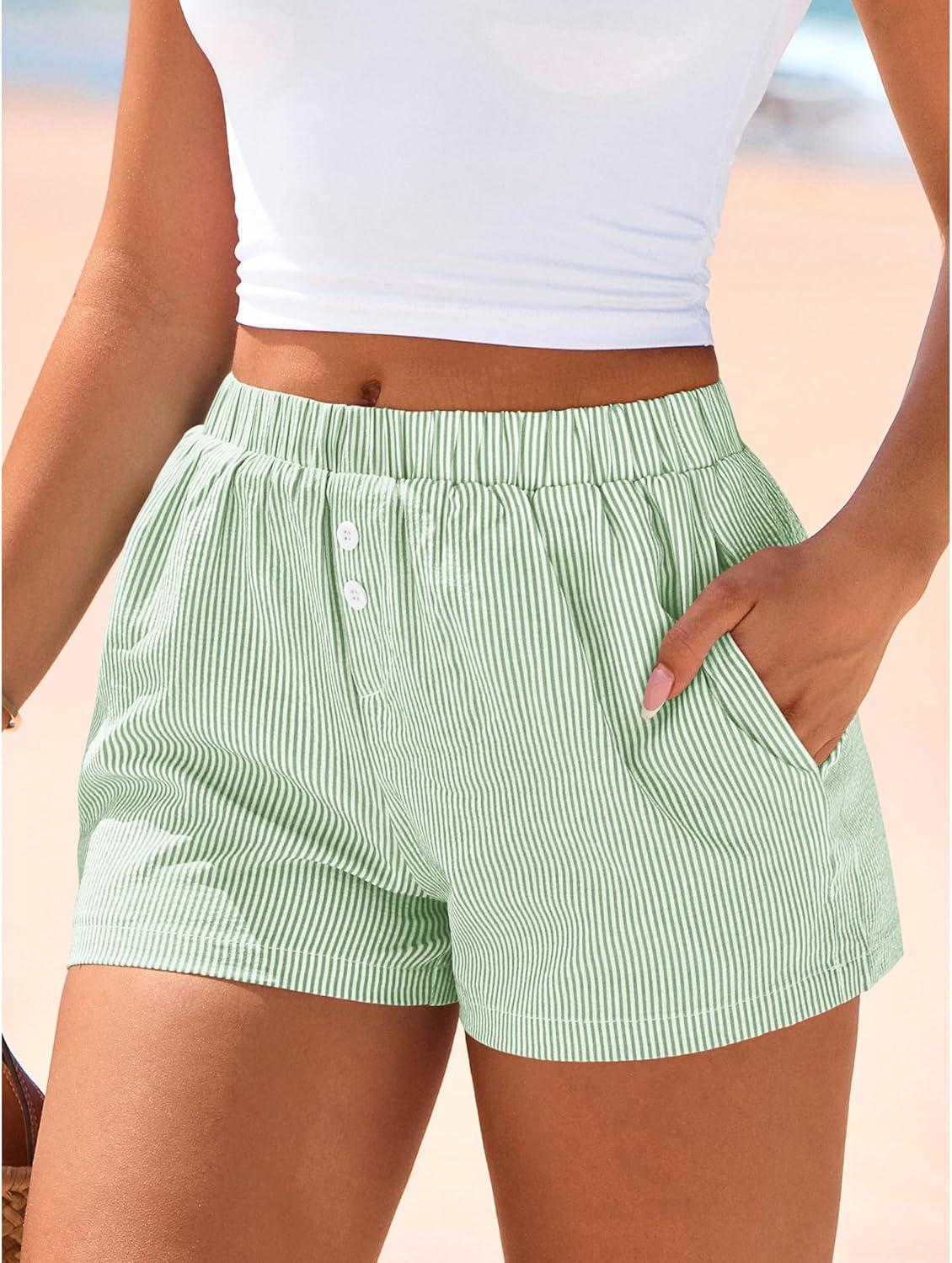 imageBTFBM Striped Boxer Shorts for Women 2026 Spring Summer Y2k Vacation Beach Bottoms Lounge Sleep Pajama PJ Pants ClothesLight Green