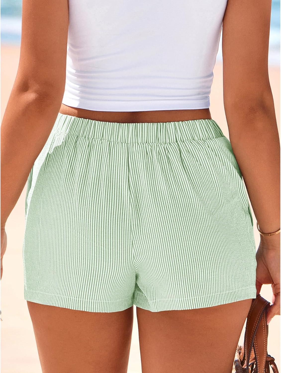 imageBTFBM Striped Boxer Shorts for Women 2026 Spring Summer Y2k Vacation Beach Bottoms Lounge Sleep Pajama PJ Pants ClothesLight Green