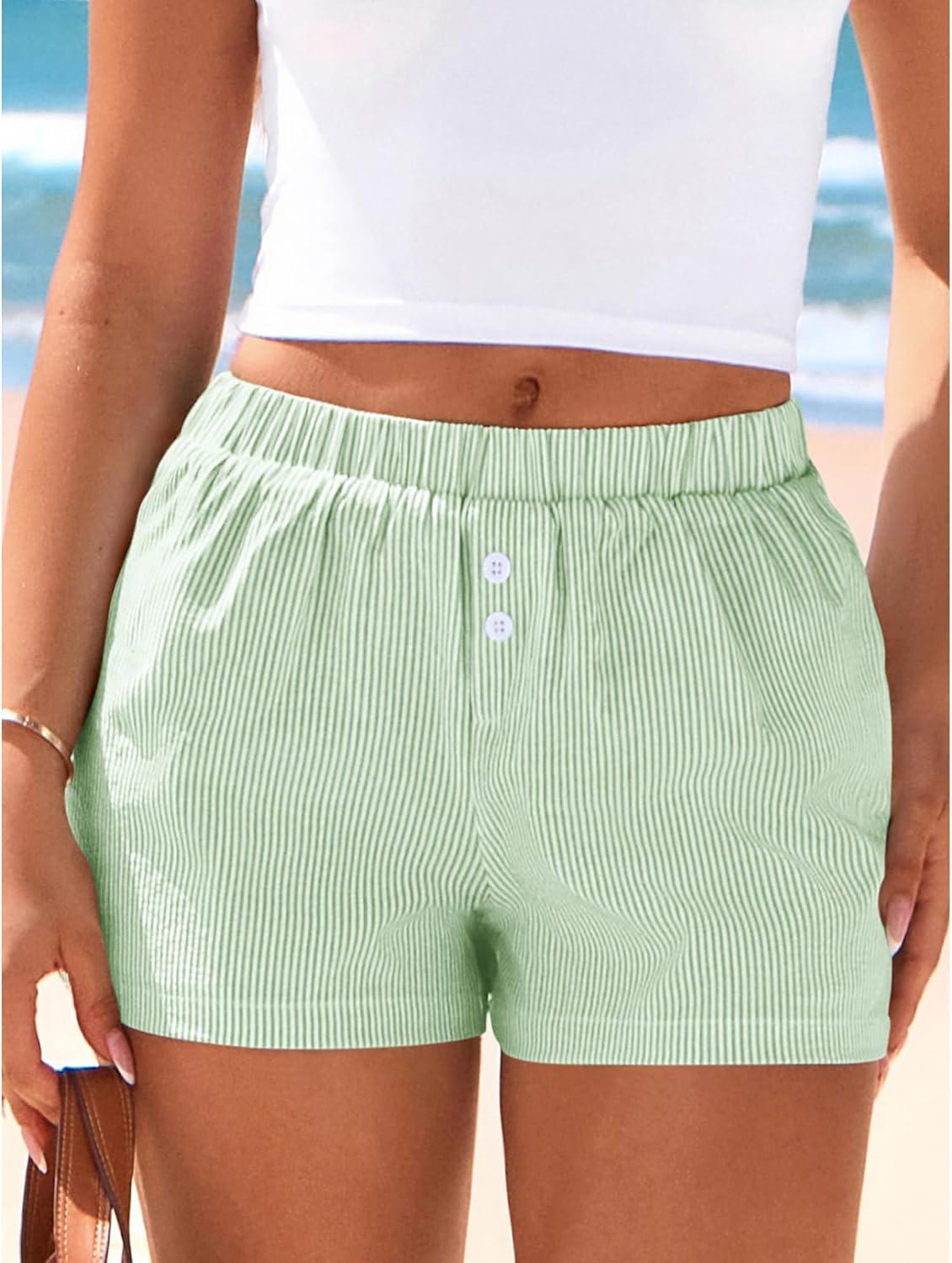 imageBTFBM Striped Boxer Shorts for Women 2026 Spring Summer Y2k Vacation Beach Bottoms Lounge Sleep Pajama PJ Pants ClothesLight Green
