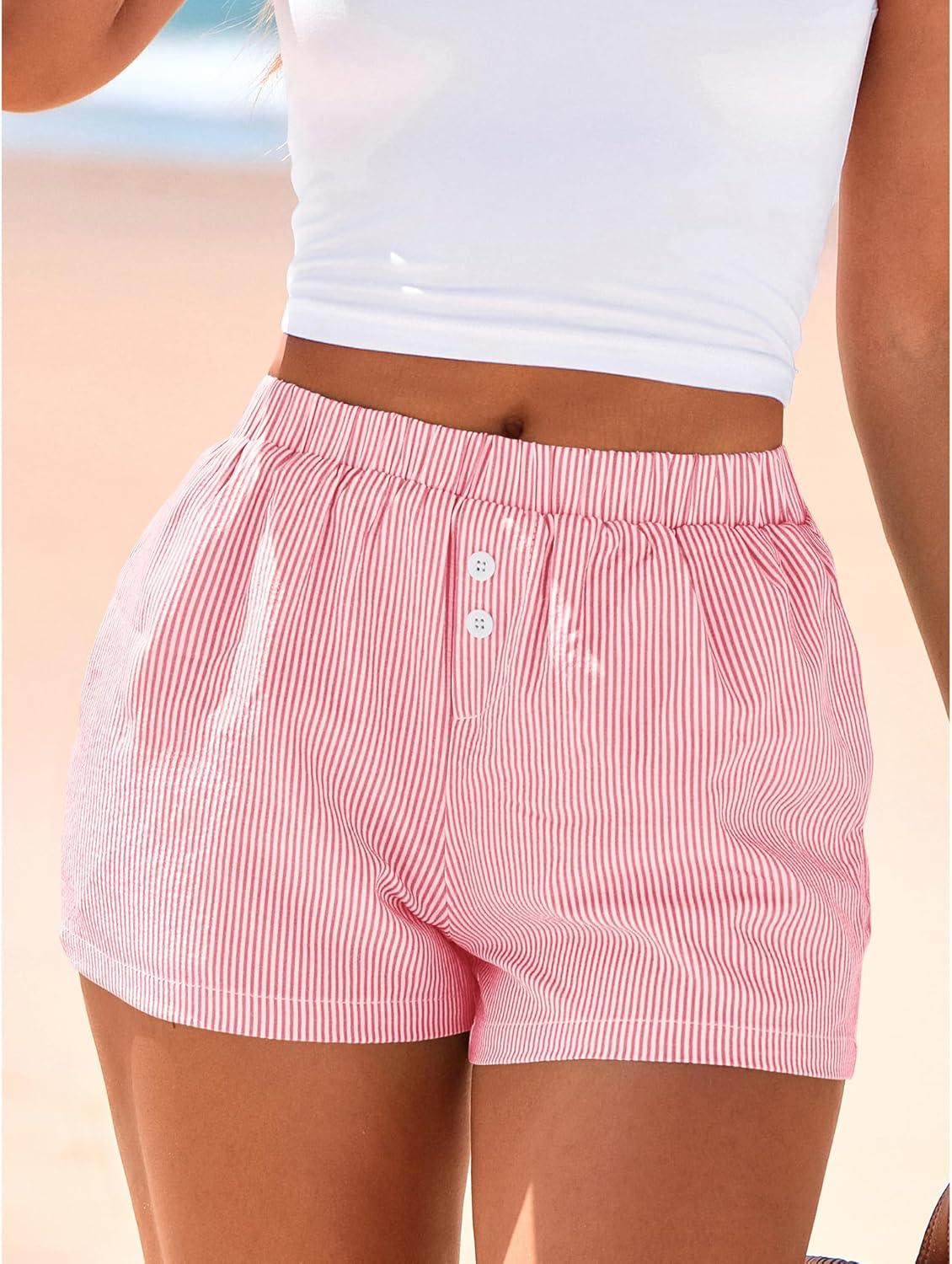imageBTFBM Striped Boxer Shorts for Women 2026 Spring Summer Y2k Vacation Beach Bottoms Lounge Sleep Pajama PJ Pants ClothesPink White
