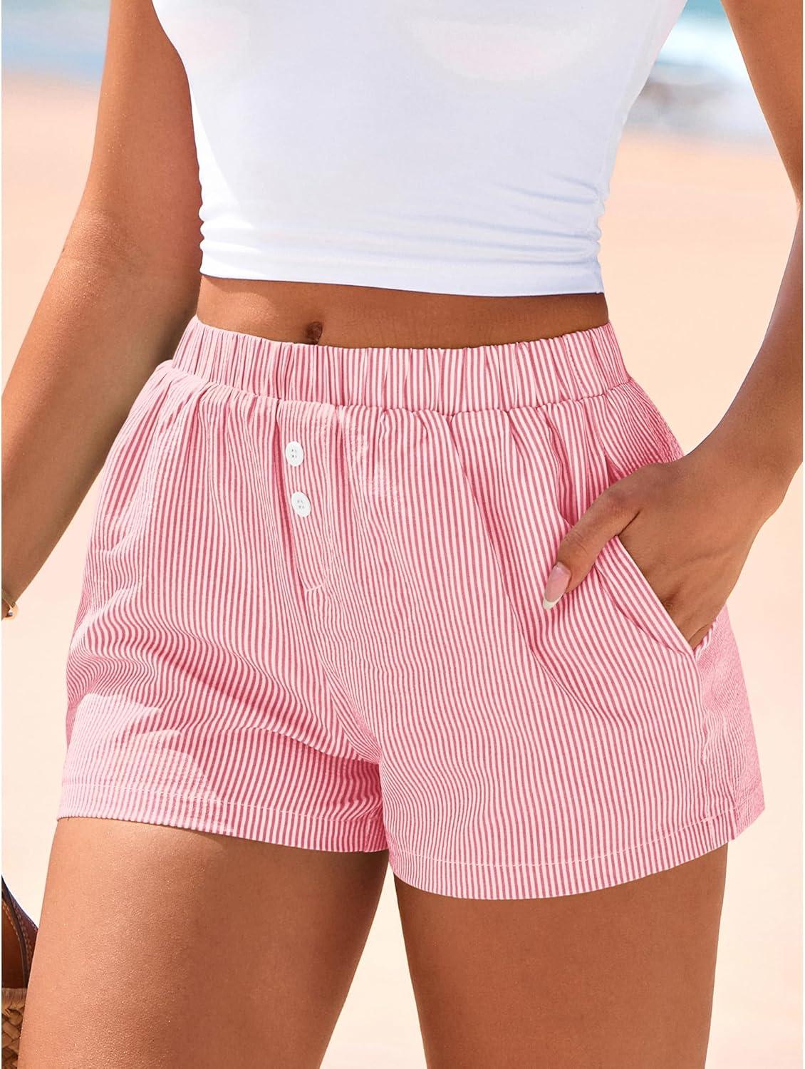 imageBTFBM Striped Boxer Shorts for Women 2026 Spring Summer Y2k Vacation Beach Bottoms Lounge Sleep Pajama PJ Pants ClothesPink White
