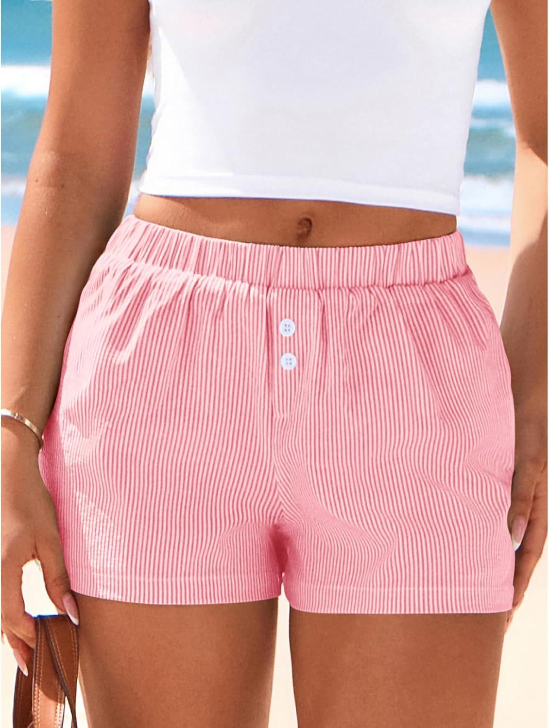 imageBTFBM Striped Boxer Shorts for Women 2026 Spring Summer Y2k Vacation Beach Bottoms Lounge Sleep Pajama PJ Pants ClothesPink White