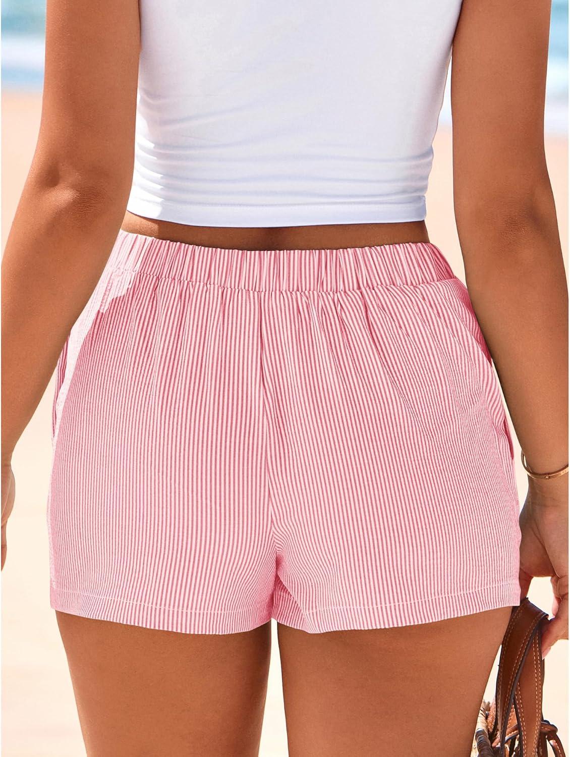 imageBTFBM Striped Boxer Shorts for Women 2026 Spring Summer Y2k Vacation Beach Bottoms Lounge Sleep Pajama PJ Pants ClothesPink White