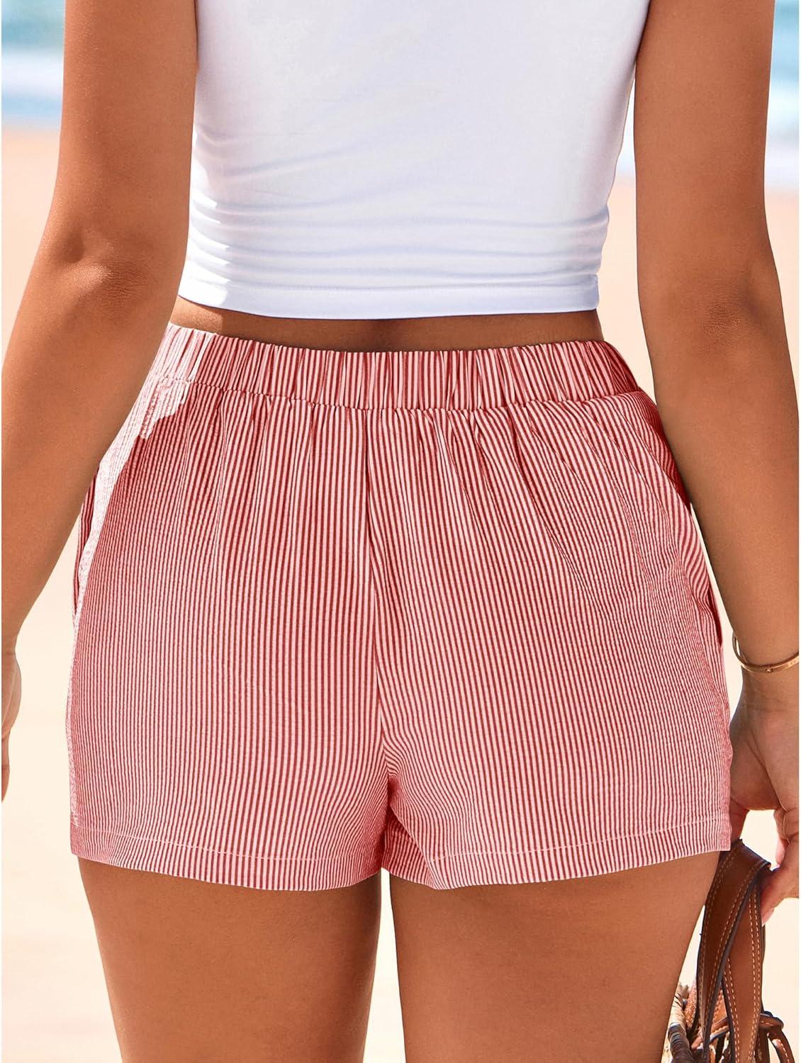 imageBTFBM Striped Boxer Shorts for Women 2026 Spring Summer Y2k Vacation Beach Bottoms Lounge Sleep Pajama PJ Pants ClothesRed White