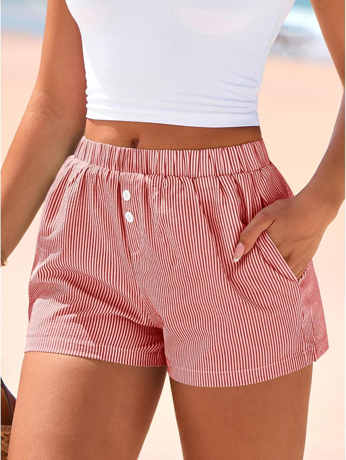 imageBTFBM Striped Boxer Shorts for Women 2026 Spring Summer Y2k Vacation Beach Bottoms Lounge Sleep Pajama PJ Pants ClothesRed White