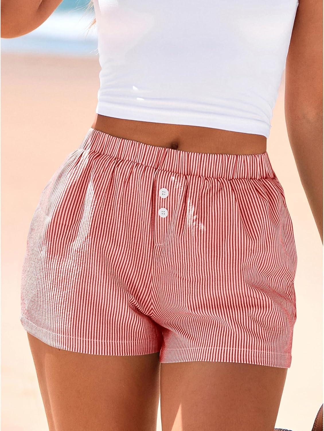 imageBTFBM Striped Boxer Shorts for Women 2026 Spring Summer Y2k Vacation Beach Bottoms Lounge Sleep Pajama PJ Pants ClothesRed White