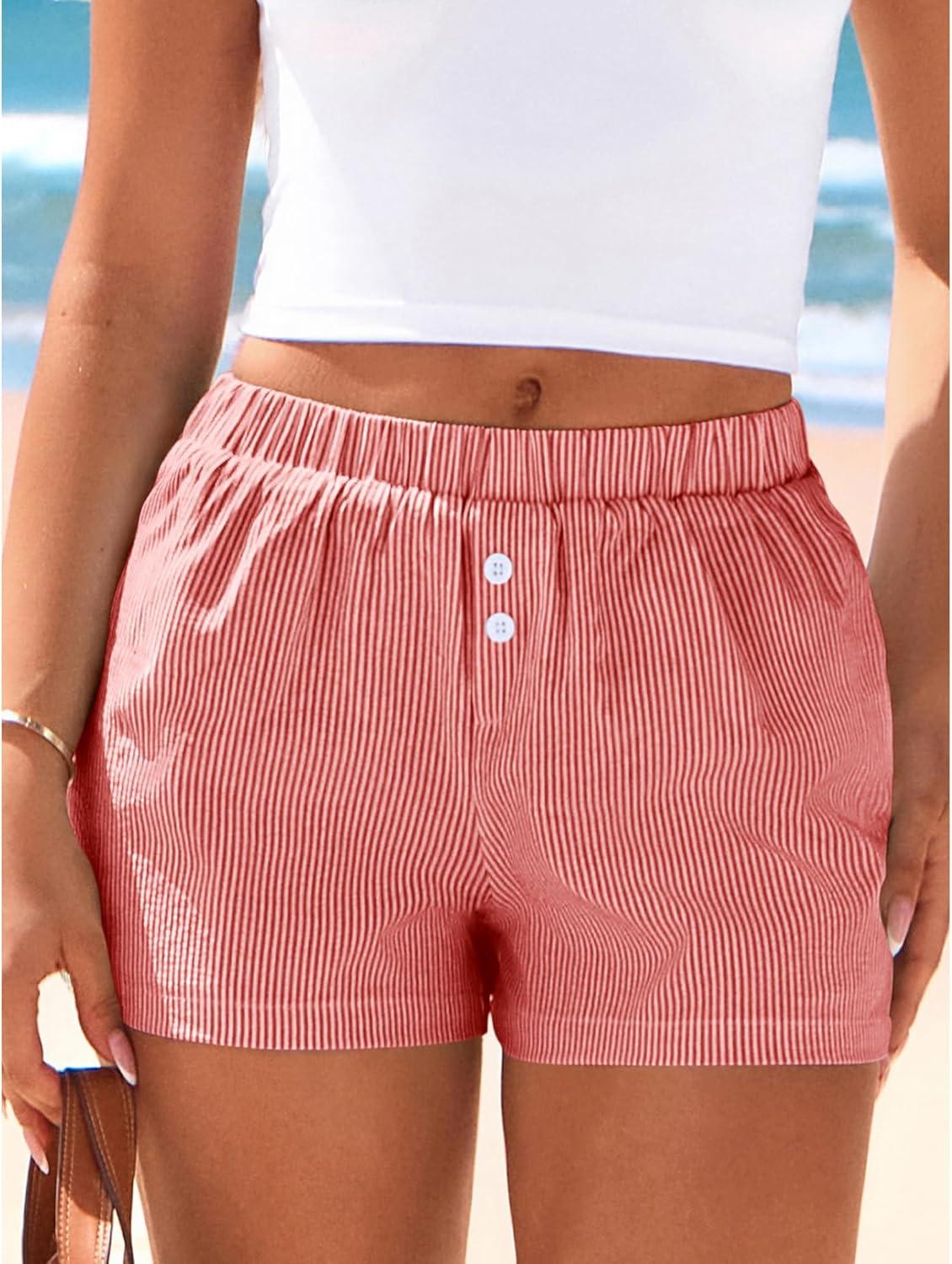 imageBTFBM Striped Boxer Shorts for Women 2026 Spring Summer Y2k Vacation Beach Bottoms Lounge Sleep Pajama PJ Pants ClothesRed White