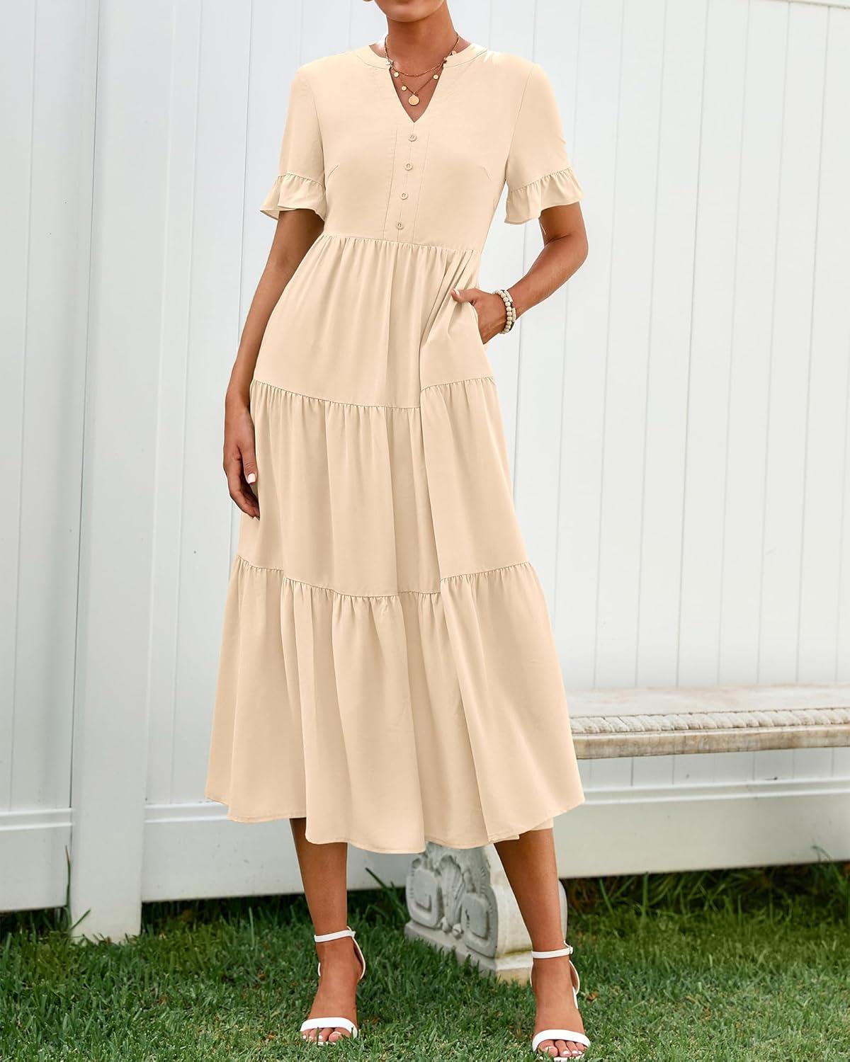 imageBTFBM Summer Dresses for Women 2025 Vacation V Neck Loose Short Sleeve A Line Tiered Flowy Casual Midi Beach DressBeige