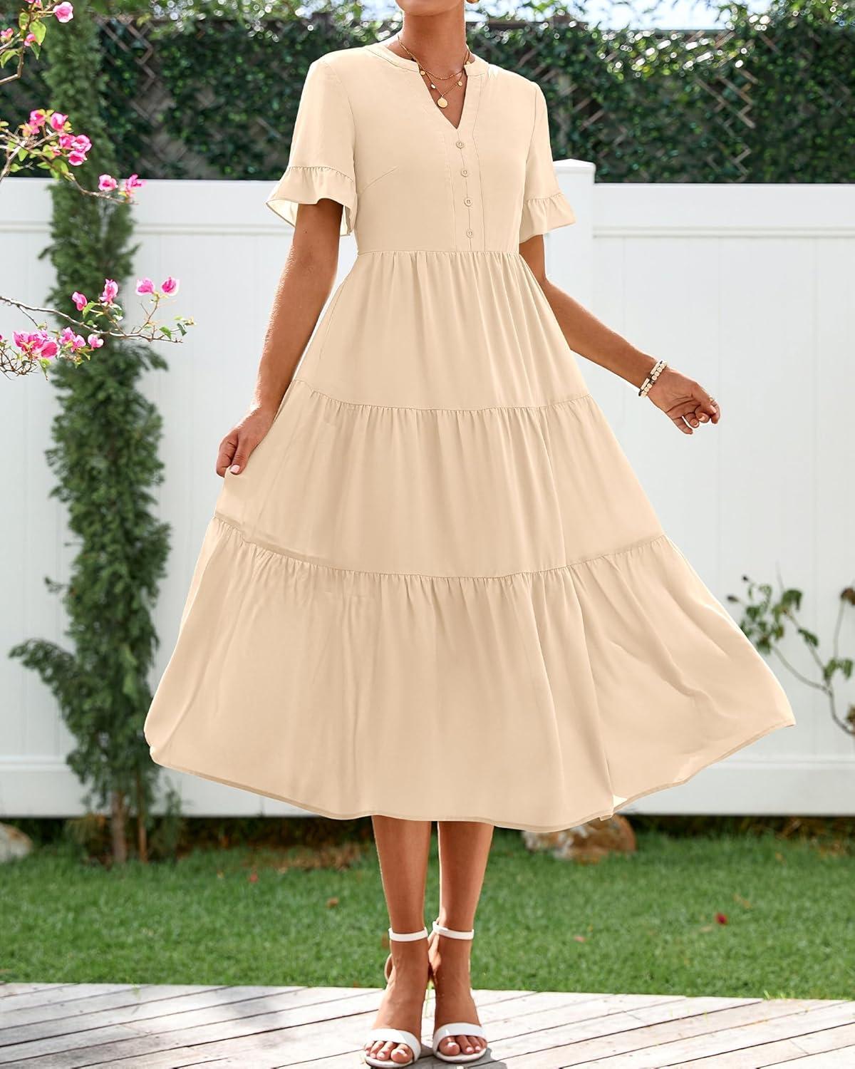 imageBTFBM Summer Dresses for Women 2025 Vacation V Neck Loose Short Sleeve A Line Tiered Flowy Casual Midi Beach DressBeige